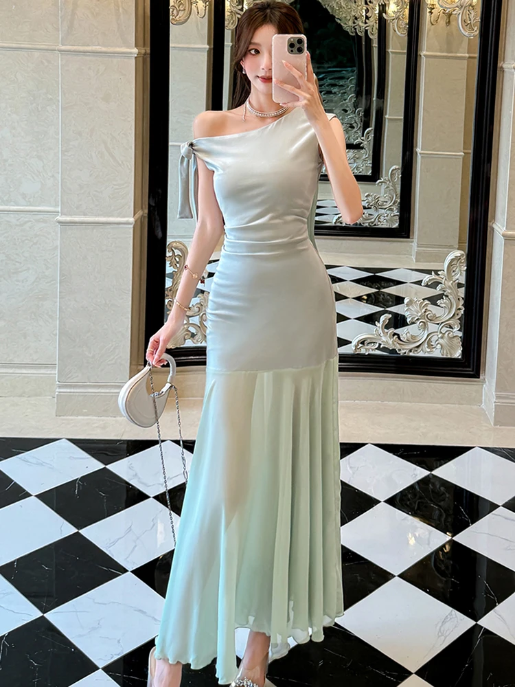 الصيف الأخضر المرقعة شبكة فستان طويل غير رسمي المرأة أنيقة شيك قطري طوق فستان مثير 2025 الكورية Bodycon فساتين عطلة