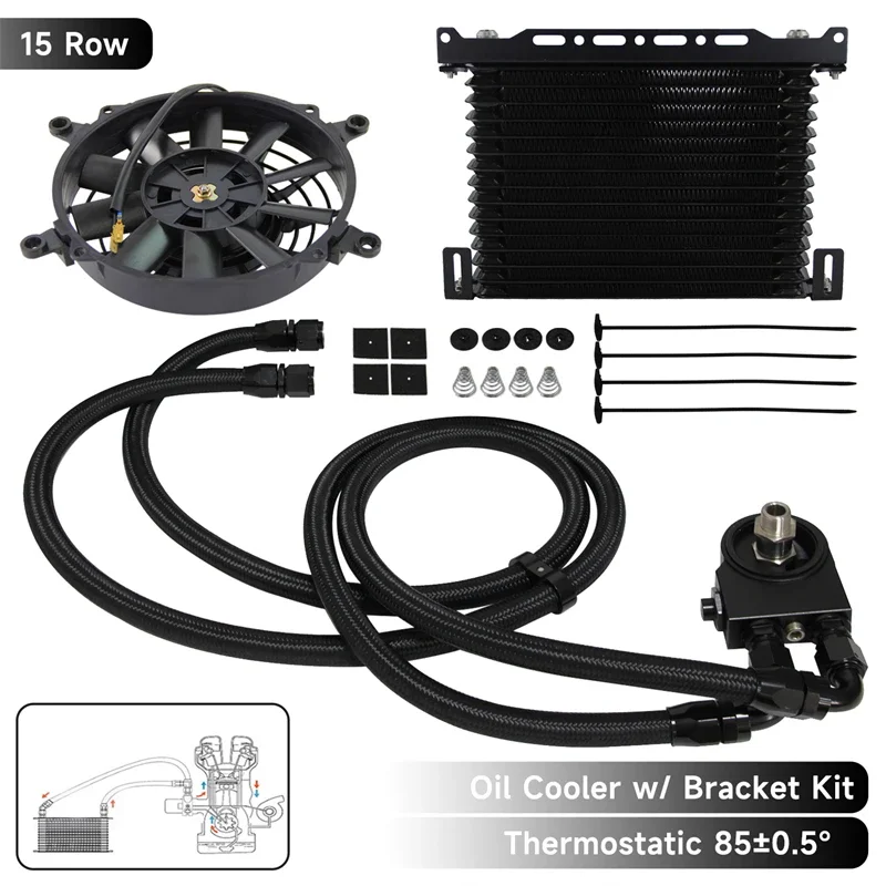 

AN10 Japanese-style Aluminum Universal 10 Row -15Row Thermostatic 85±0.5° Oil Cooler Kit +Mounting Brackets Fan Kit