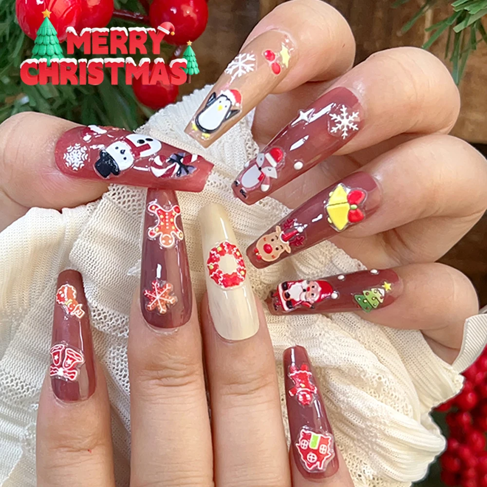 5D Christmas Nail Sticker Embossed Red Cute Elk Snowflake Winter Cartoon Self-adhesive Nails Slider Decals DIY Manicure New Year