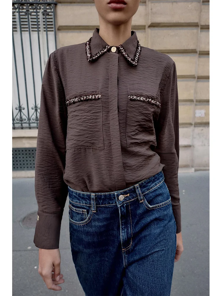 Nova camisa feminina elegante de manga comprida elegante e versátil de estilo europeu com lapela e acabamento.