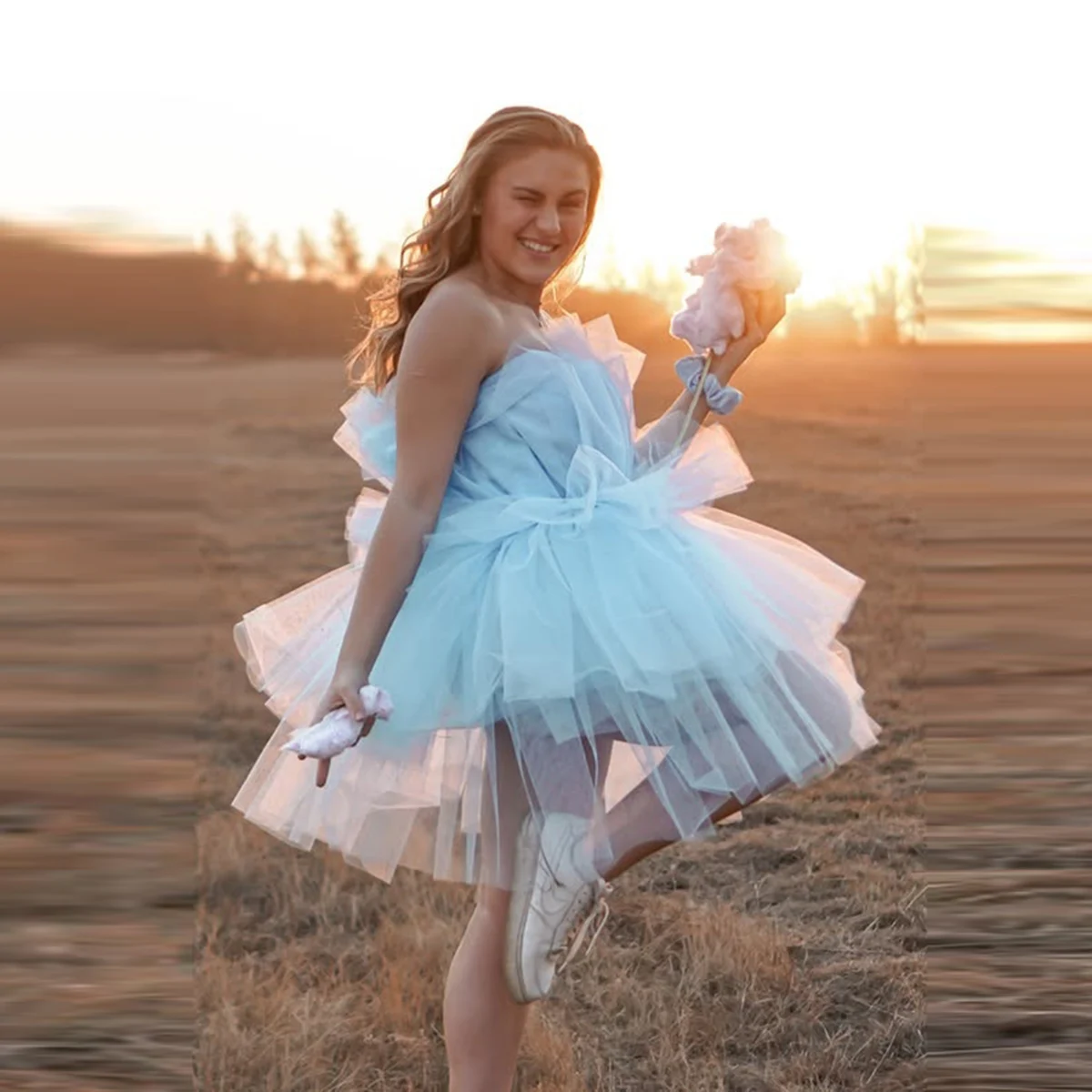 Vestido de fiesta corto sin tirantes, azul claro, con volantes, tul escalonado, vestido de fiesta de cumpleaños para niñas, vestido de fiesta Formal por encima de la rodilla