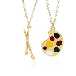 2Pcs/Set Cartoon Drip Oil Palette Brush Couple Pendant Necklace Artist's Draw Painting Tool  Necklaces Lovely Women Jewelry Gift