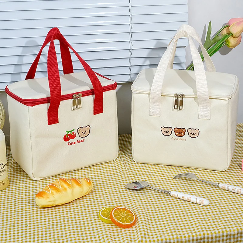 Cute Lunch Bag Large Capacity Canvas Anti-cooling Handbag Aluminum Foil Insulated Food Box Office Worker Portable Bento Bag image 3