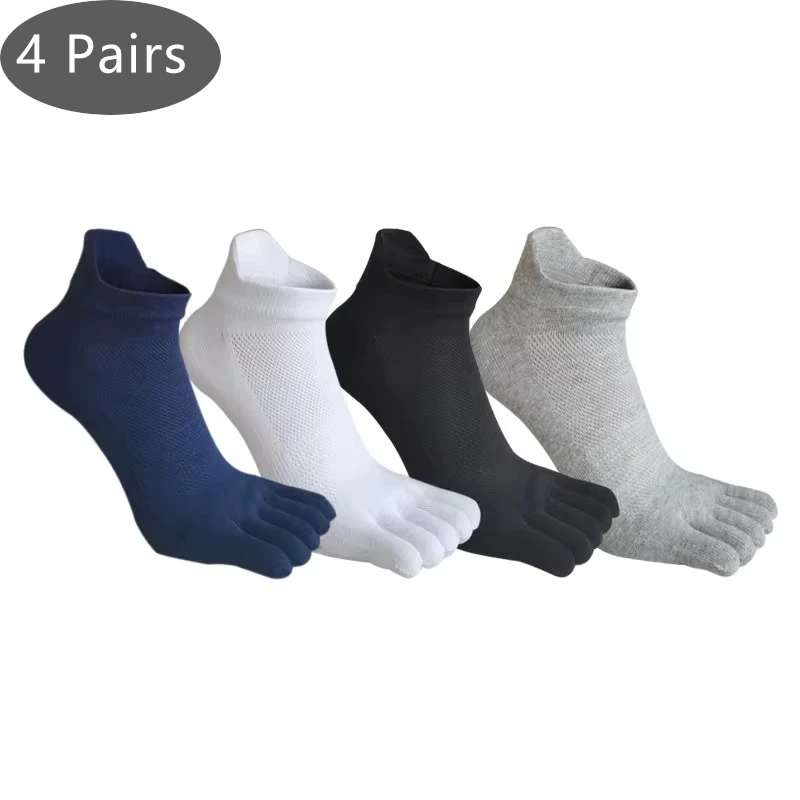 4 Pairs Toe Ankle Socks Man Cotton Solid Simple Mesh Breathable Sweat-Absorbing Shallow Mouth No Show 5 Finger Socks 4 Seasons