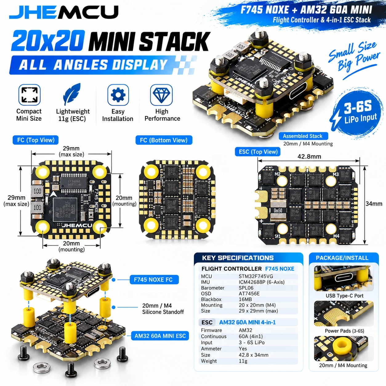 JHEMCU F745 FC Flight Controller AM32 4-in-1 60A ESC Stack/Flytower 3-6S Lipo for FPV Freestyle Racing Drone Quadcopter RC Model