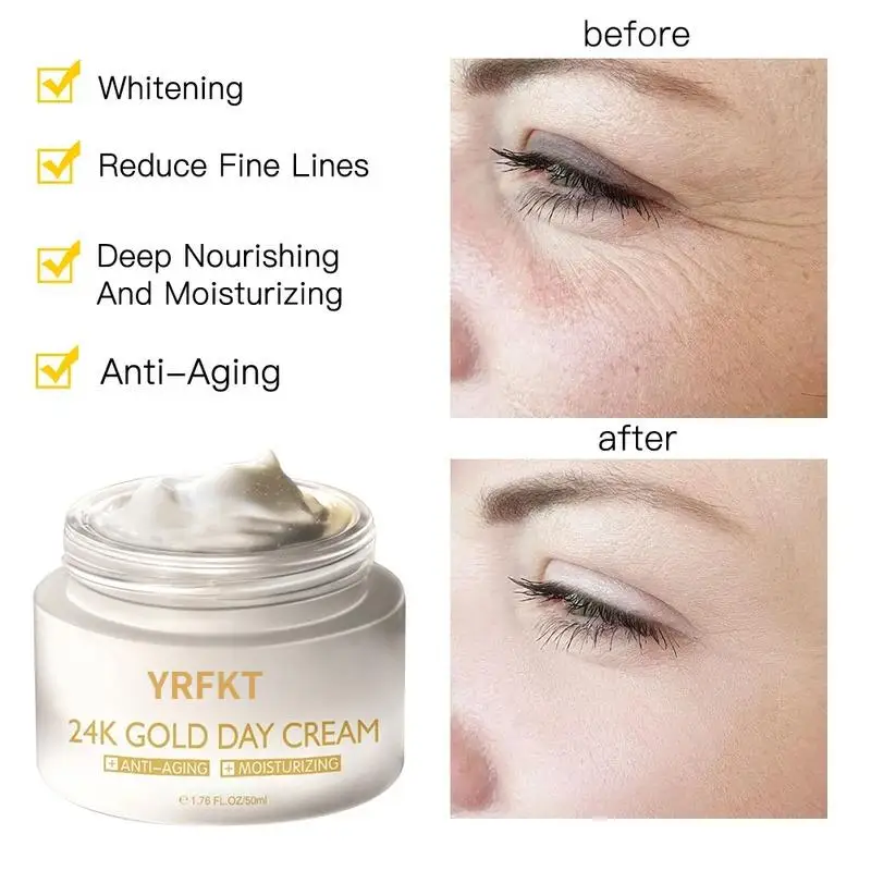 24K Gold Day Cream Powerful Anti Wrinkle Anti-Aging Lift Firming Whitening Brightening Moisturizing Beauty Health Face Skin Care