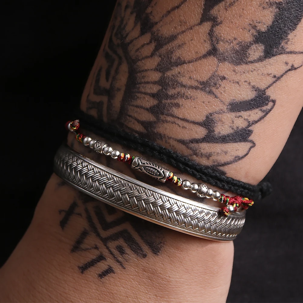 

3pcs/set 999.9 Fine Silver Braided Open Bangle Heart Sutra Engraved Fish Charm Colorful Thread Red Black Knot Rope Stack Jewelry