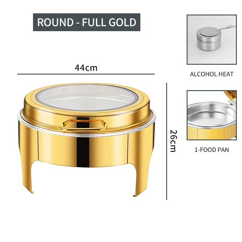 Gold 6L Stainless Steel Round Big Glass Window Royal Luxury Chafing Dish Buffet Warmer & Server Alcohol Fuelled