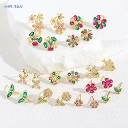 SUNSLL Spring Dragonfly Butterfly Cubic Zircon Flower Stud Earrings For Women Girls Gold Plated Daily Jewelry Gift 1Pair