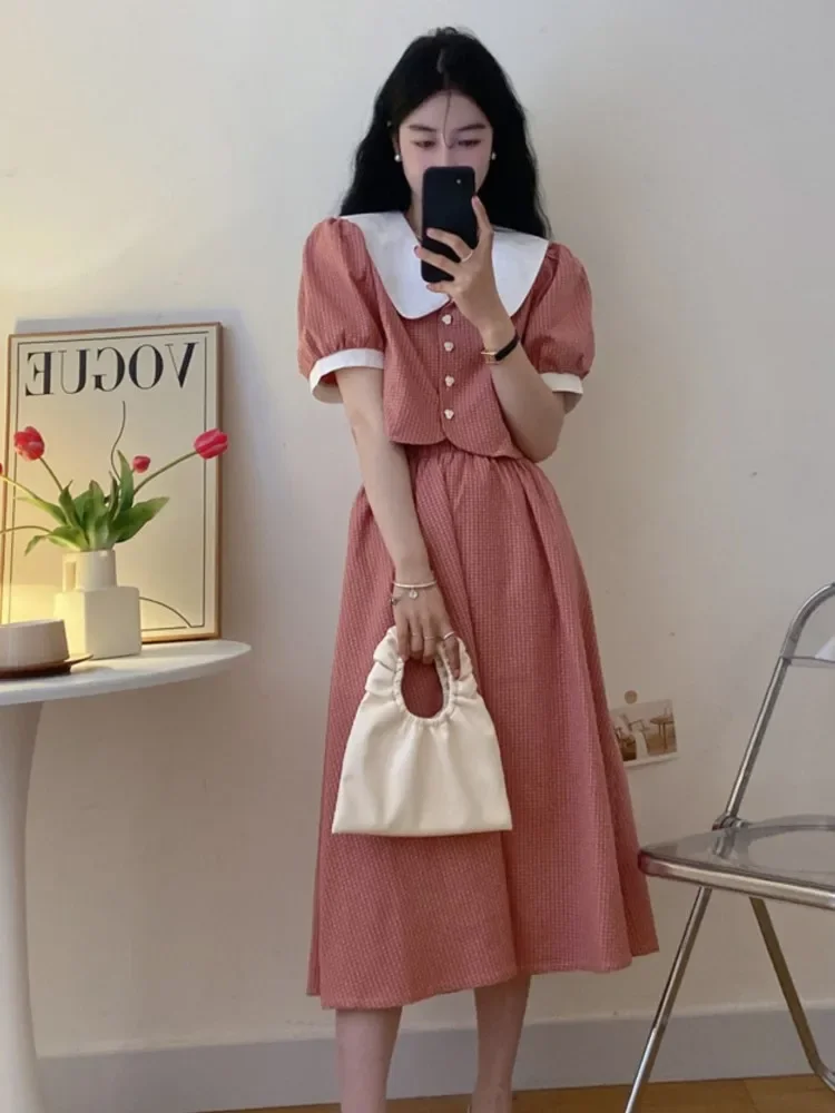 

2023 Summer Women Korean Fashion Sets Vintage Puff Sleeve Blouse+High Wiast Midi Skirts 2 Pieces Suits Casual Sweet Female Sets