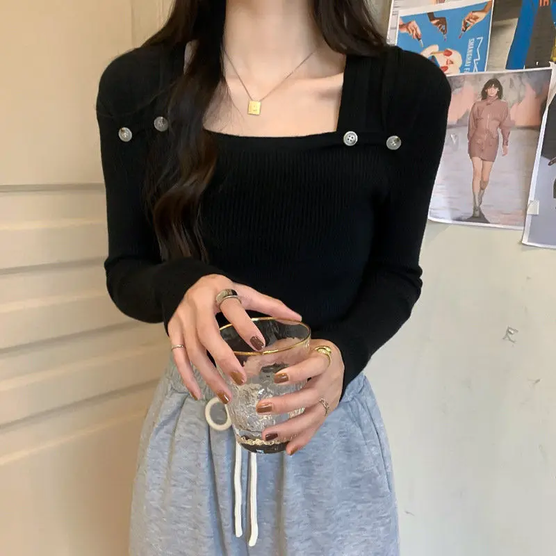 Jersey nuevo con cuello cuadrado francés de diseño a la moda para mujer, Top básico de punto para otoño e invierno 2025