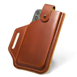 Top layer Cowhide Genuine Leather Wearing Belt Men's Mobile Phone Bag Waist Pack Universal Protective Cover Outdoor Thin Style