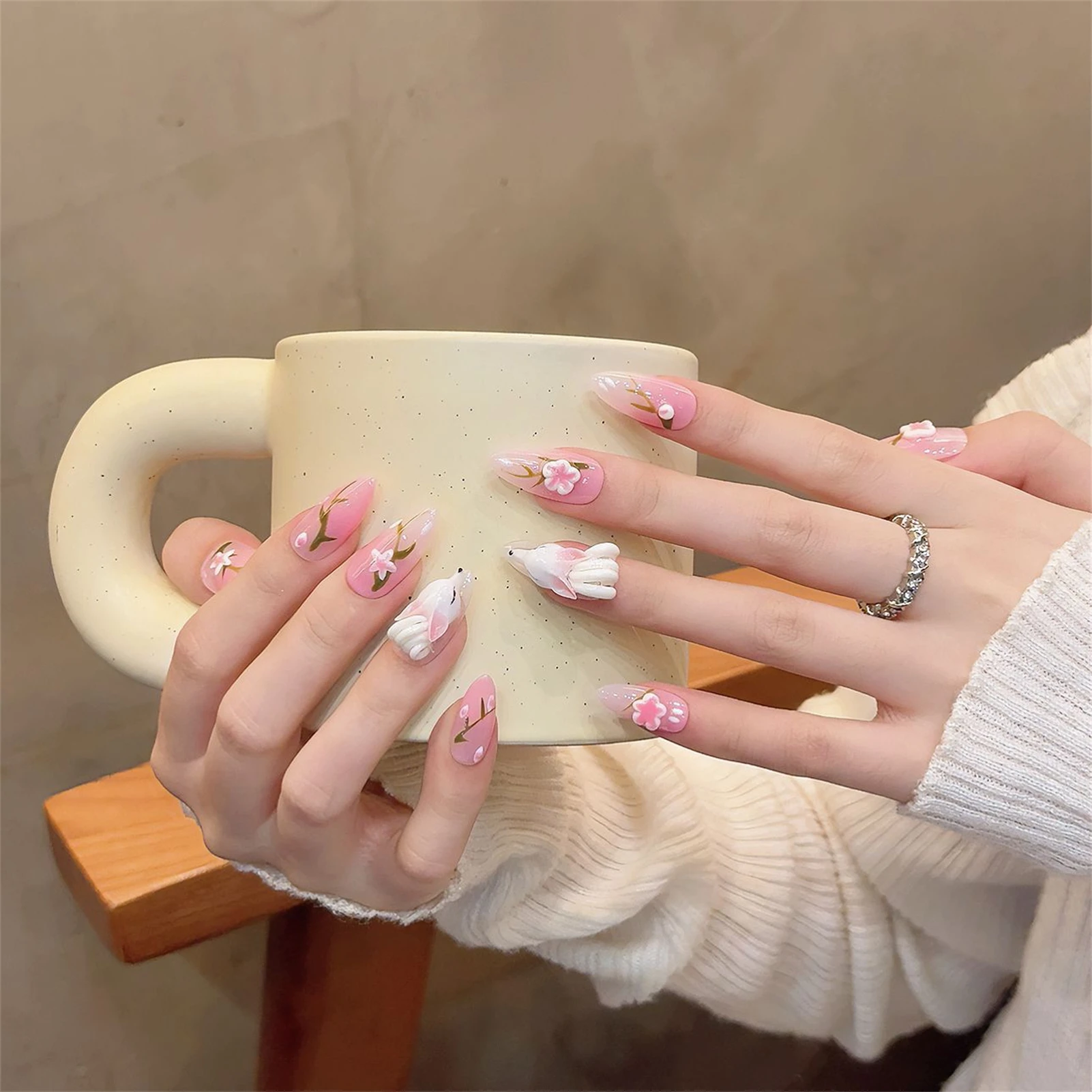 10pcs Handmade Almond False Nails Blush Pink 3D Little Foxes Designs Press On Nails Full Cover Chinese Style Nail Tips Art