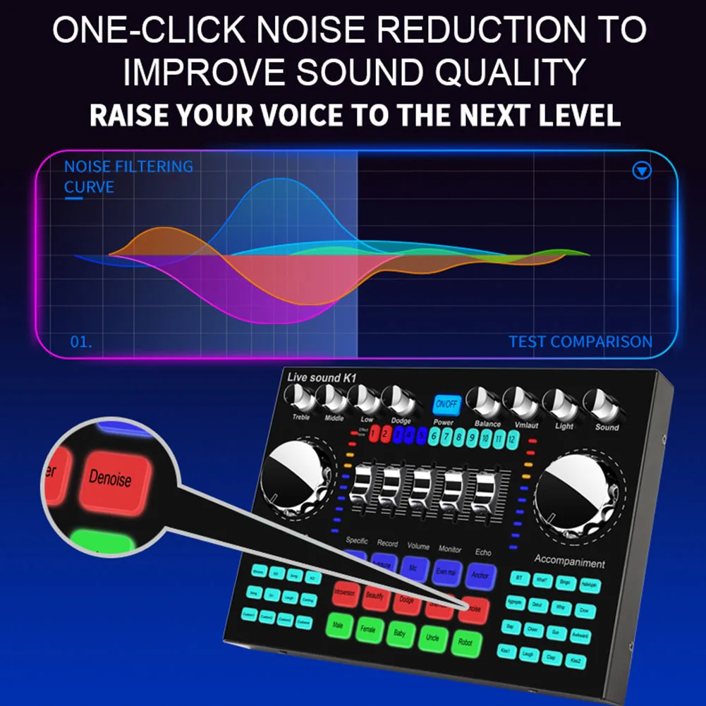 

Live Sound Card HIFI Noise Reduction Voice Changer Multiple Effects Audio Broadcast Karaoke Singing5.0 Mixer Board