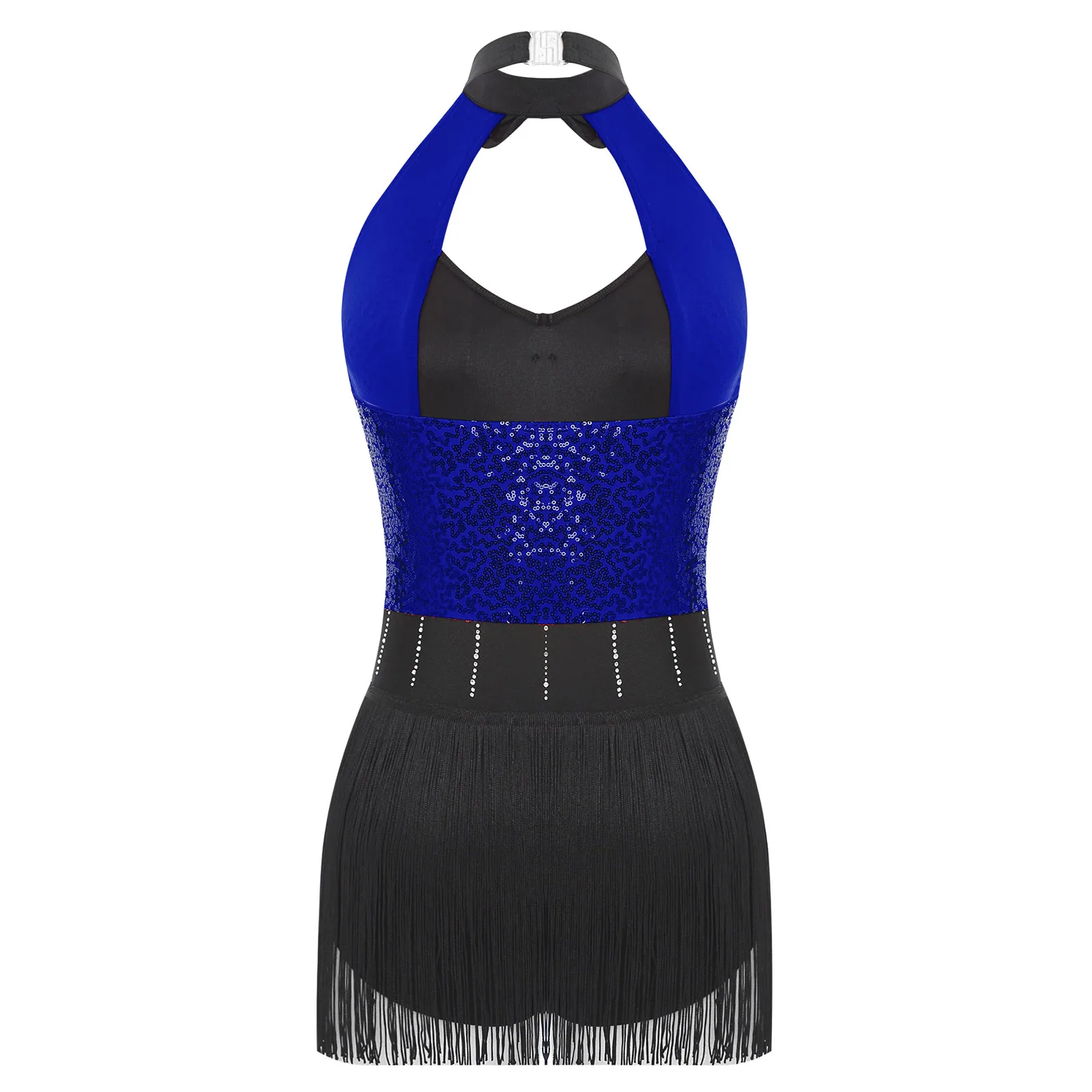 Tassel Latin Jazz Dance Dress Sequins Fringe Bodysuit Womens Halter Rhinestones Bow Tie Backless Leotard for Stage Performance