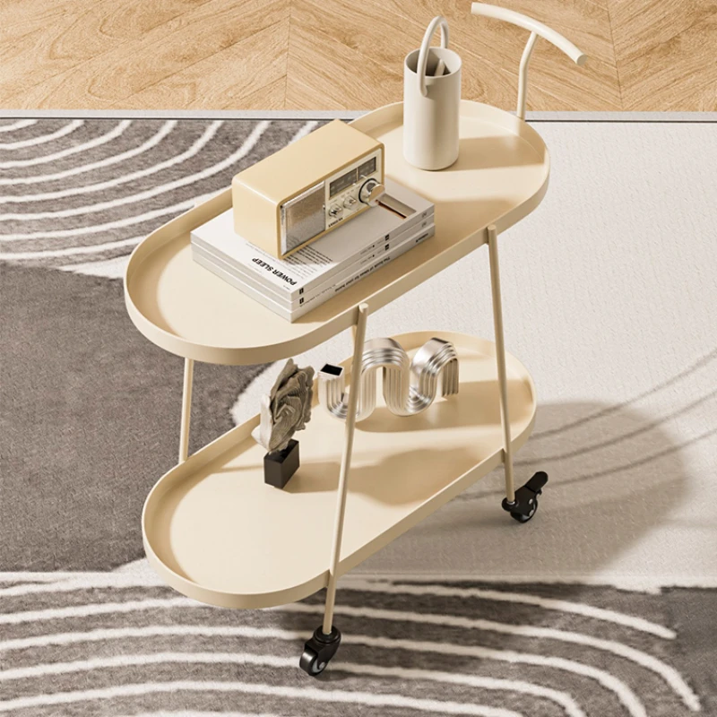 Creative Cream Style Mobile Side Table Home Living Room Small Cart Double Layer Storage Shelf Mini Tea Table