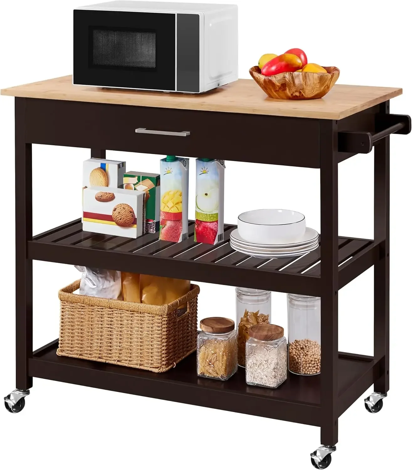 Kitchen Island on Wheels with Bamboo Tabletop, 3-Tier Rolling Kitchen Cart Microwave Oven Cart Serving Trolley with Drawer and W