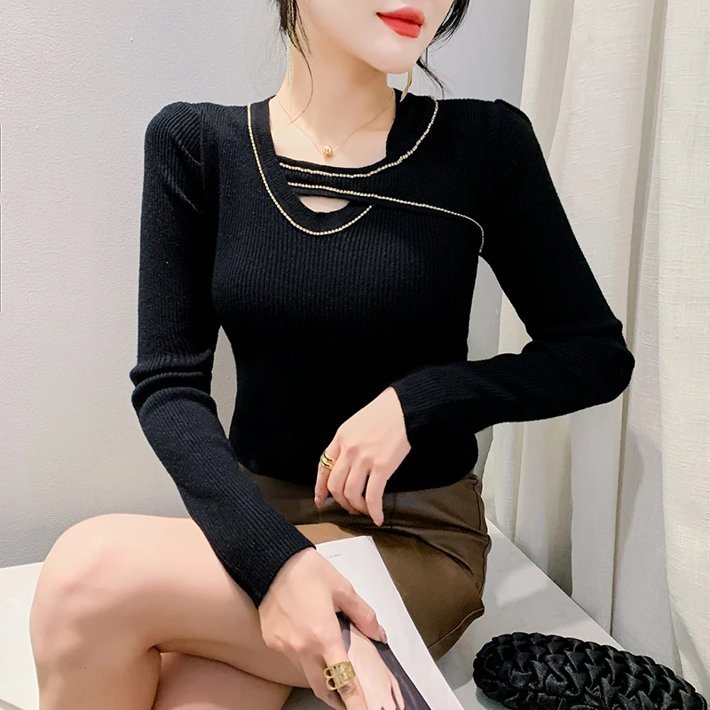 

2023 New Fall Winter High Quality Knitted Sweater Chic Sexy Hollow Out Shiny Diamonds Women Long Sleeve All Match Slim Tops 3924