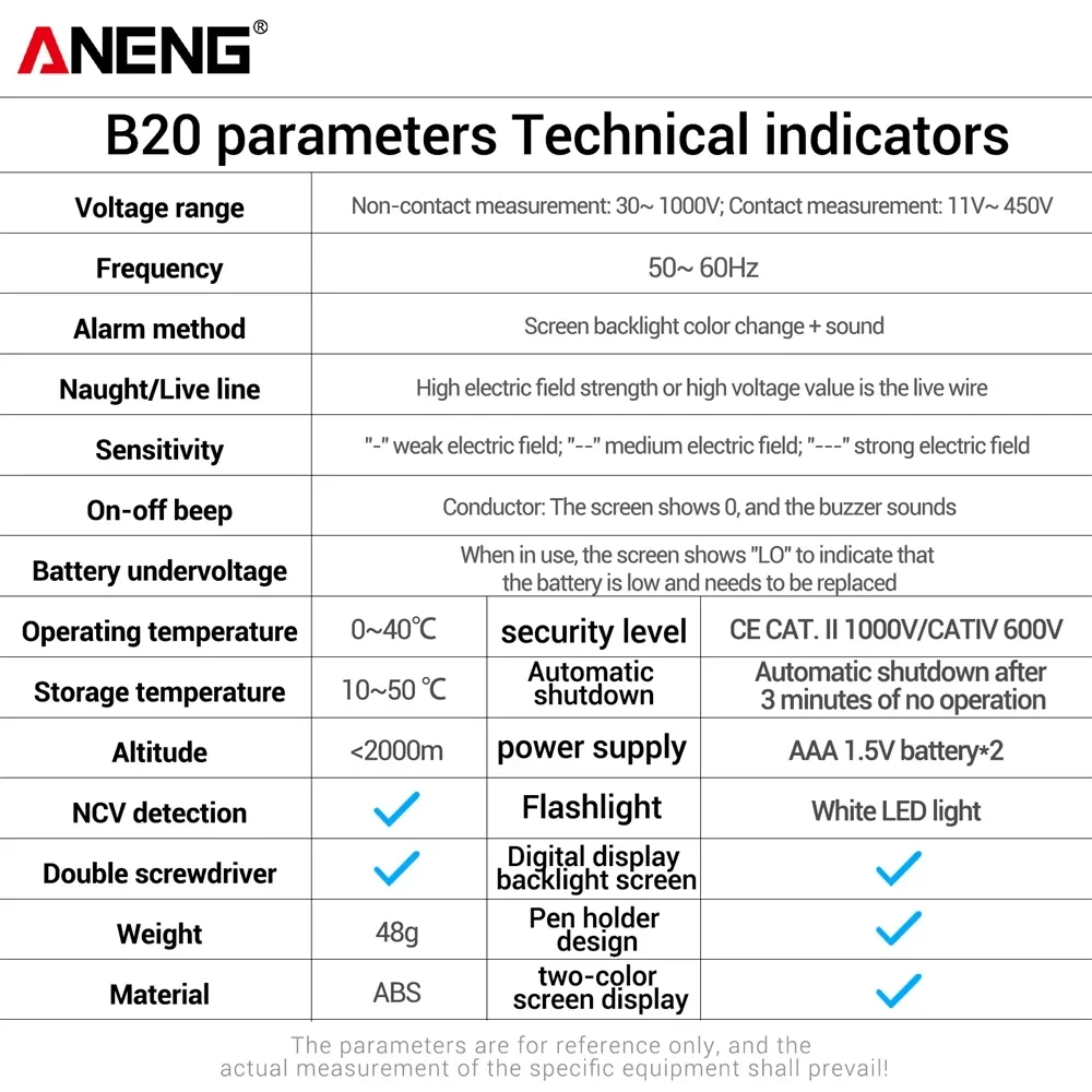 مفك الجهد المزدوج رئيس القلم ANENG B20 Smar مفك ثنائي الاستخدام مشقوق عبر متر 11 فولت ~ 450 فولت التيار المتناوب كشف الجهد تستر