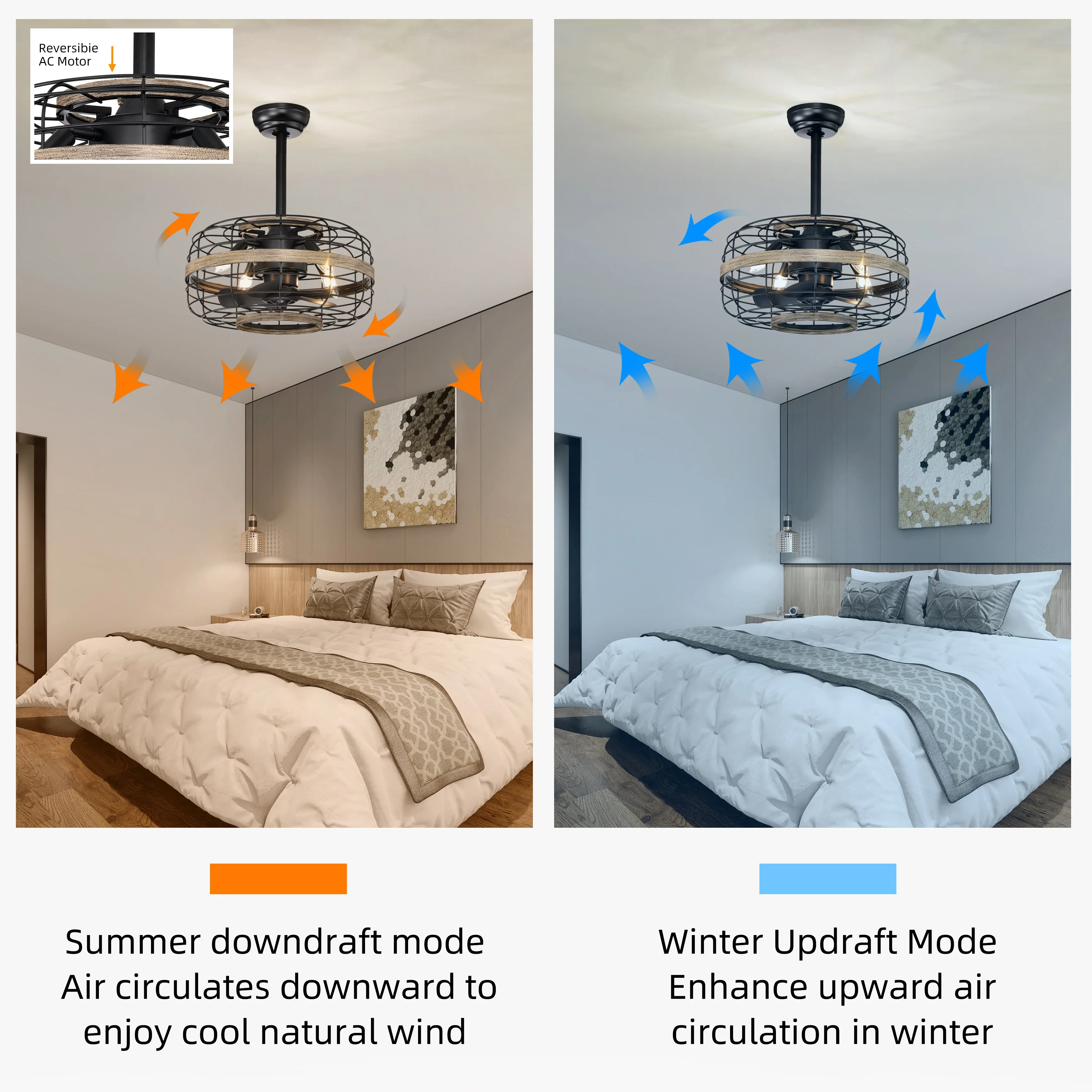 18'' Farmhouse Ceiling Fans Light - Caged Ceiling Fan with Remote Control (3-Speeds Adjustable) for Bedroom Living Room Kitchen