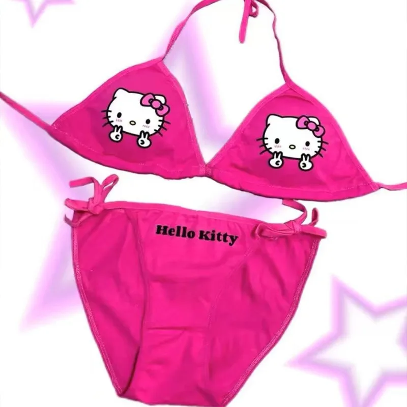 Sanrio Hello Kitty swimwear Sexy 3-point Bikini Set Cartoon Women Bra Set Underwear Summer Beach swimsuit Side Strappy Panties