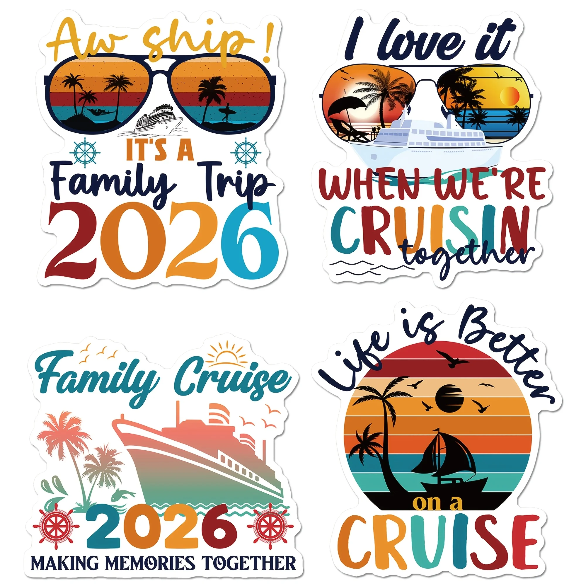4-Piece Vintage Family Travel 2026 Cruise Tile, Nautical Vacation Cabin Door Fridge Sticker Decoration