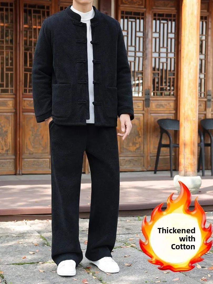 

Thiened Cotton Fce Warmth Men's Jaet And Pants Set with Stand Collar And Chinese Sle Buttons Faionable Winter Outfit