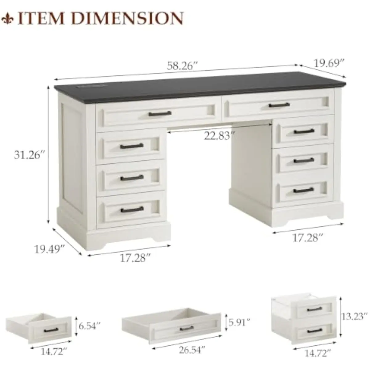 58.26 Inch Farmhouse Executive Desk in White and Brown Finish with 7 Drawers Including A4 Storage Built-in Power Hub Featuring 3