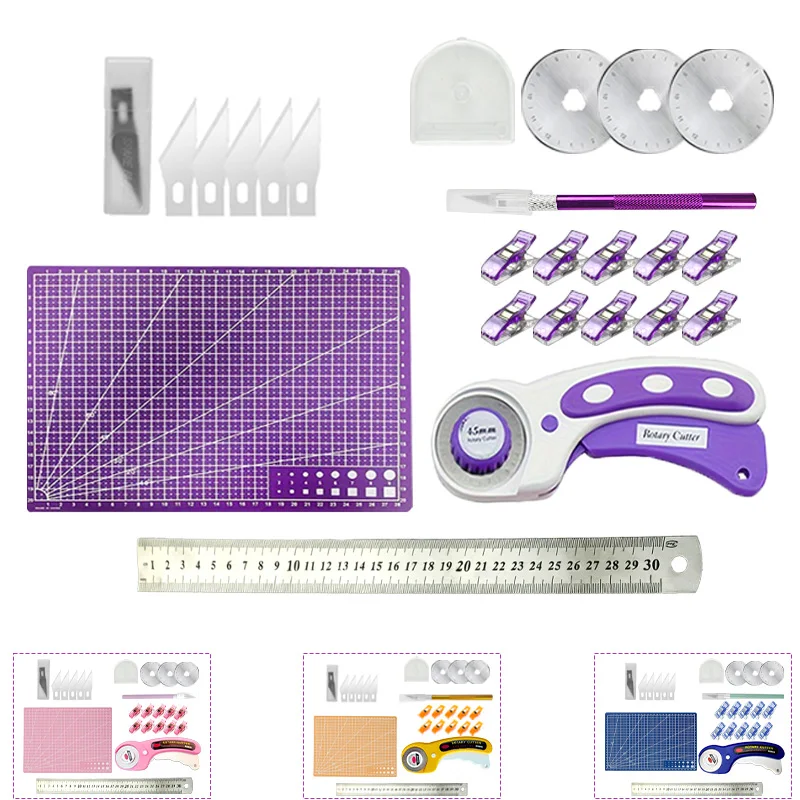 Seven-Piece Sewing and Quilting Tool Set, Including 45mm Rotary Cutter, Sk5 Blade with Scale, Cutting Mat, 30cm Metal Ruler, Sewing Clip, Utility Knife, Carving Blade, Suitable for Diy, Fabric Crafts, Leather, Patchwork, Embroidery, and Other Craft Materials