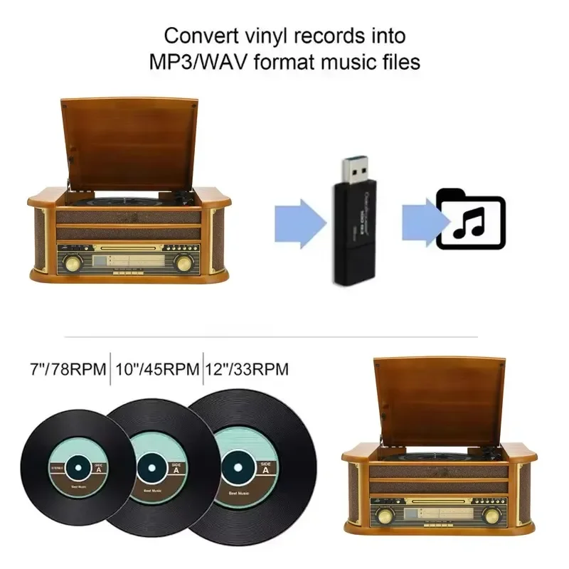 Nieuwste 2024 Model Nostalgische Vinyl Draaitafel Speler Usb Cd Tape Spelen Fonograaf Houten Am Fm Radio Bluetooth Record