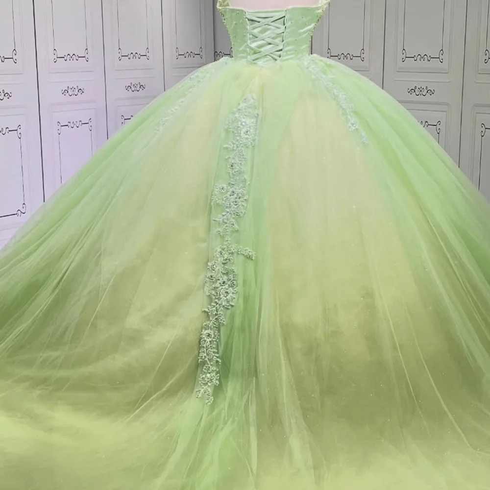 Sukienka Quinceañera na zamówienie, błyszcząca, zielona, balowa, bez rękawów, z cekinami, zdobiona koralikami, gorset, Sweet 16, Vestidos De 15 Años LSMU62