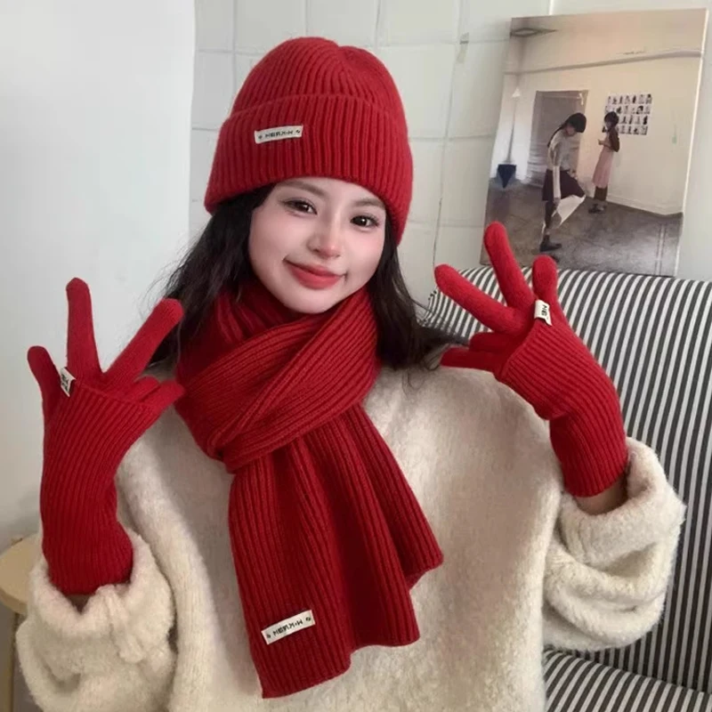 new-year-zodiac-women's-knitted-scarf-hat-gloves-set-warm-cotton-yarn-red-neck-warmer-three-piece-winter-fashion-accessories