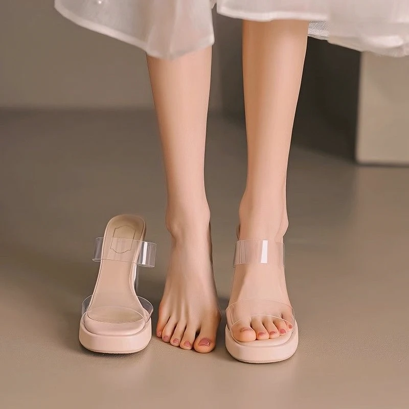 Waterproof Platform High Heels Transparent Slippers Summer Thick Bottom Outdoor Wear 2026 Nude Crystal Women's New Model