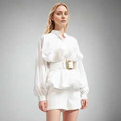 Solid Patchwork Belt Minimalist Shirt For Women Stand Collar Long Sleeve Tunic Spliced Ruffle Casual Blouse Female Fashion