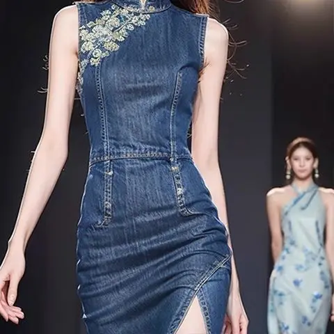 New High end Temperament New Chinese Style Denim Dress Summer Improved Qipao Vintage Sleeveless Slimming Short Dress for Women