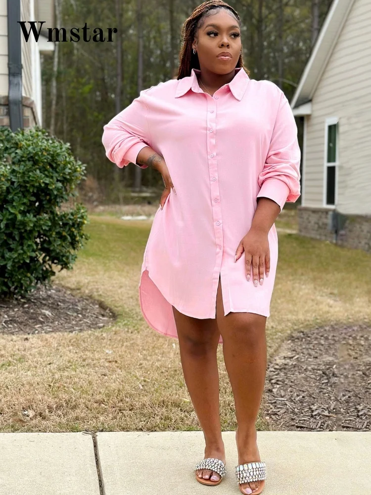 

Wmstar Plus Size Dress Women Sexy Solid Color Shirt Dress Loose Long Sleeved Midi Dresses Women's Clothing New in Summer Fall