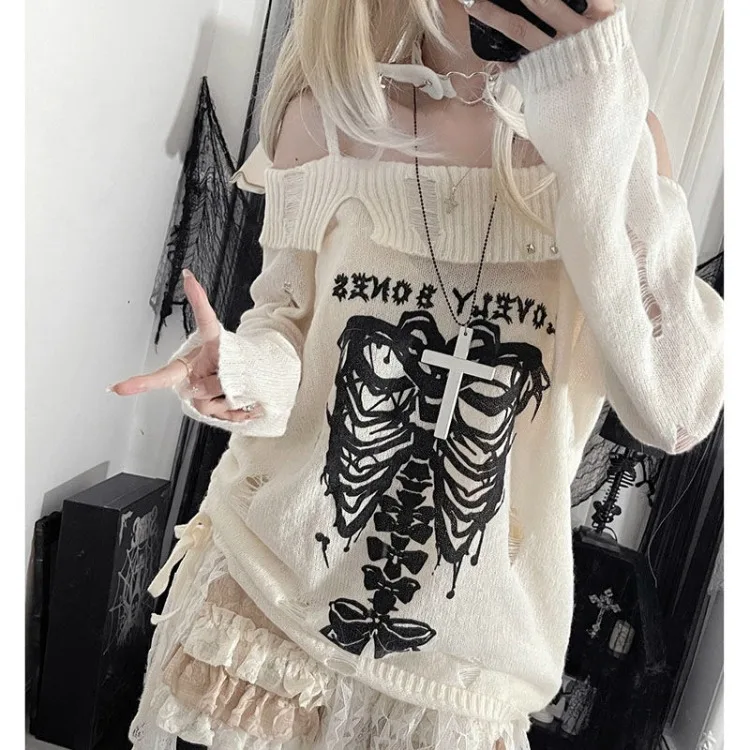 Off Shoulder Hole Sweaters Women 2024 Autumn New Sphenoid Print Tops  Y2k E-Girl Long Sleeve Hollow Out Pullovers