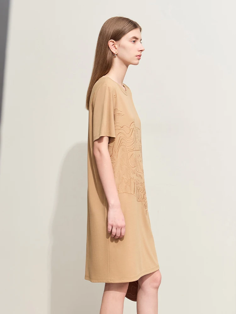 Amii-Robe T-shirt Midi à Manches Courtes pour Femme, Vêtement Minimaliste, avec Broderie Tencel Roman ChimLady, Nouvelle Collection Été 2024, 12452031