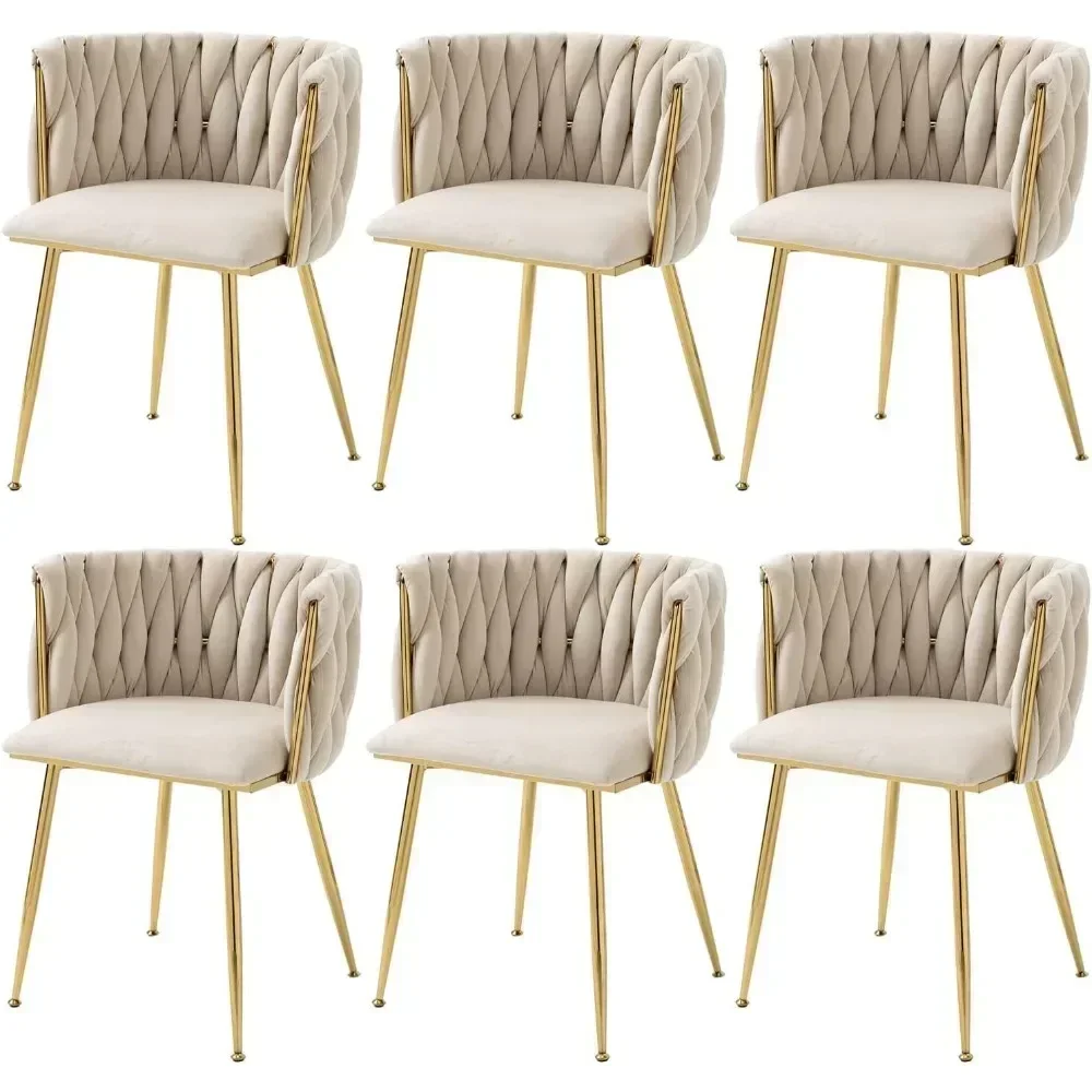 Woven Dining Chairs Set of 4,Velvet Upholstered Dining Chairs with Gold Metal Legs,Modern Accent Chairs Suitable for living room