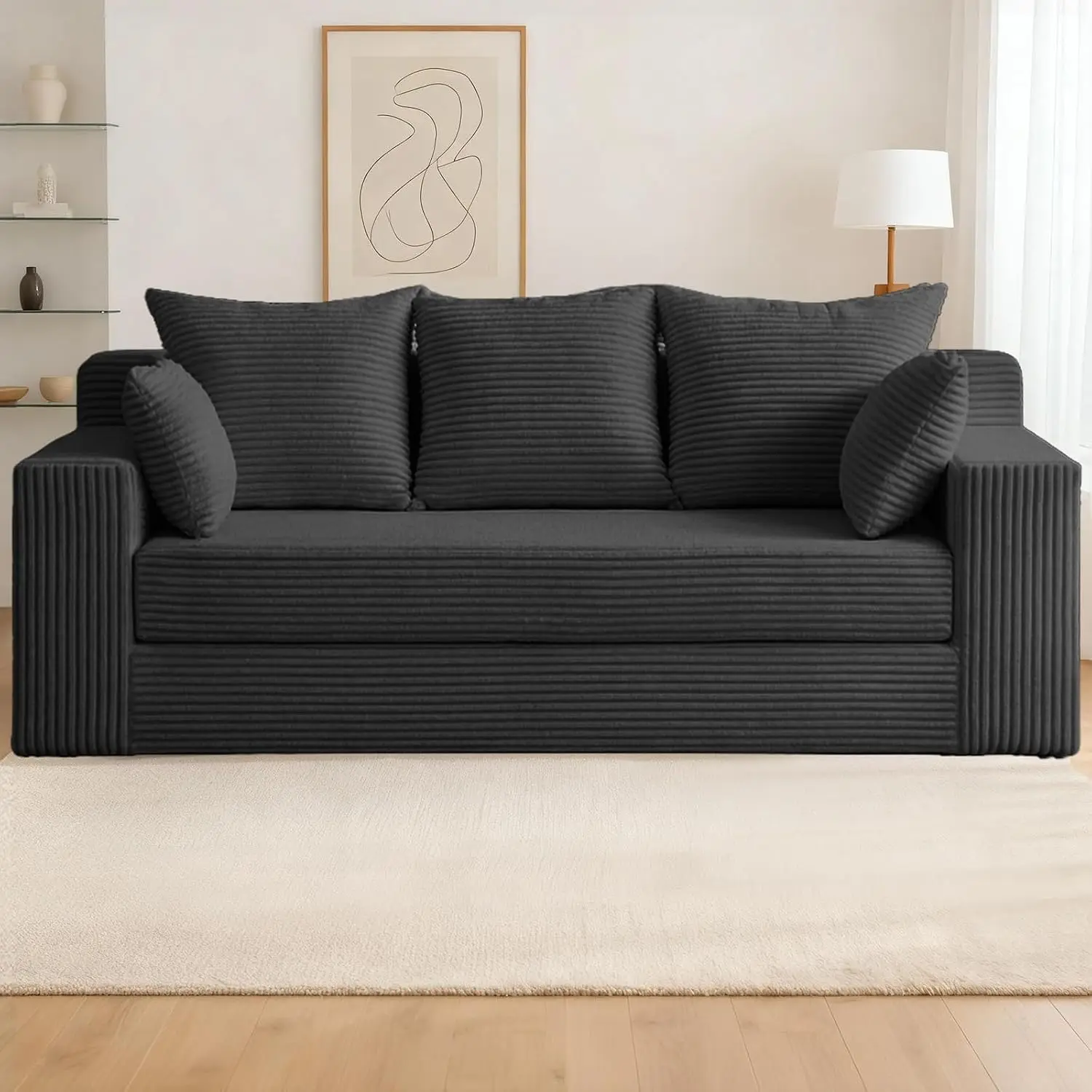 Black 3 Seater Boneless Living Room Convertible Futon Sofa Bed Comfy Pull Out Couch 5 Pillows Detachable Washable Cover Upholste