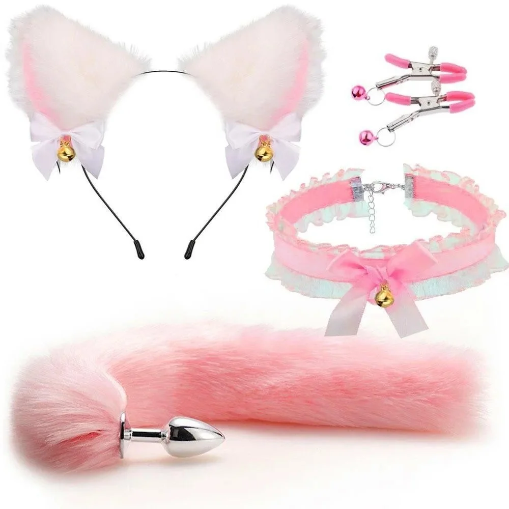 Female Male Erotic Cosplay SM Sex Toys of Cute Fox Tail Anal Plug Bow-Knot Soft Cat Ears Headbands Collar