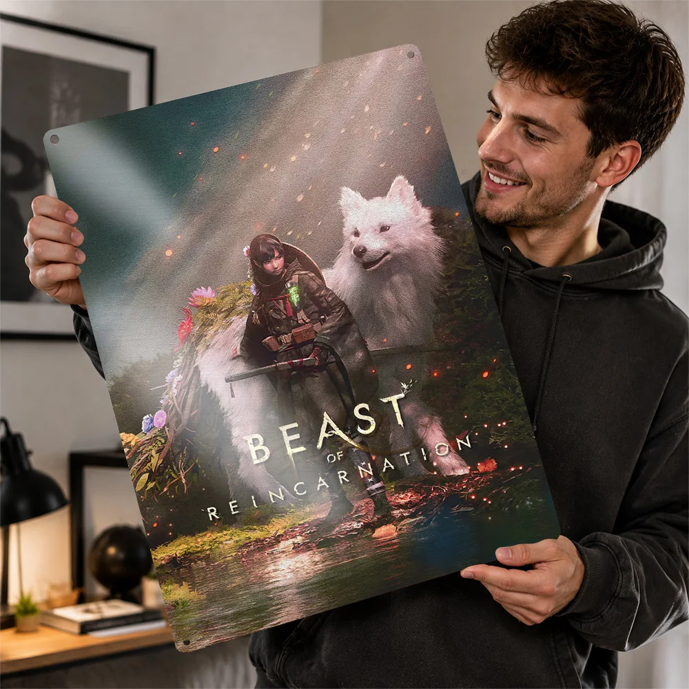 Beast Of Reincarnation Warrior And Wolf Printed Poster Customized Metal Sign Celestial Glow Style Wall Art Appeals To Dreamers