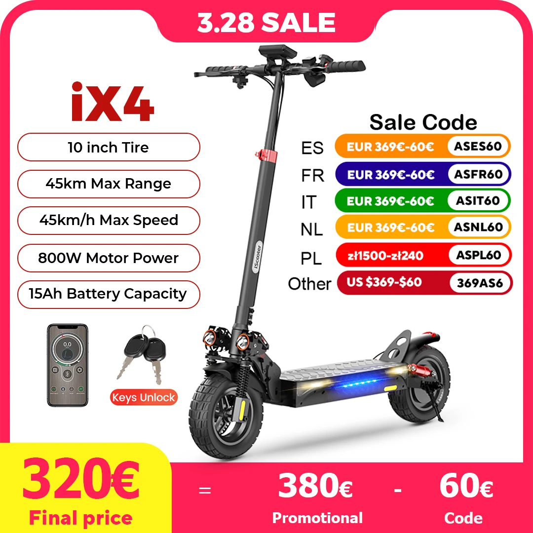 iScooter iX4 800W Powerful Electric Scooter 10inch Anti-skid Off Road Scooters 15Ah 45km/h Two Wheel Scooter for Adult