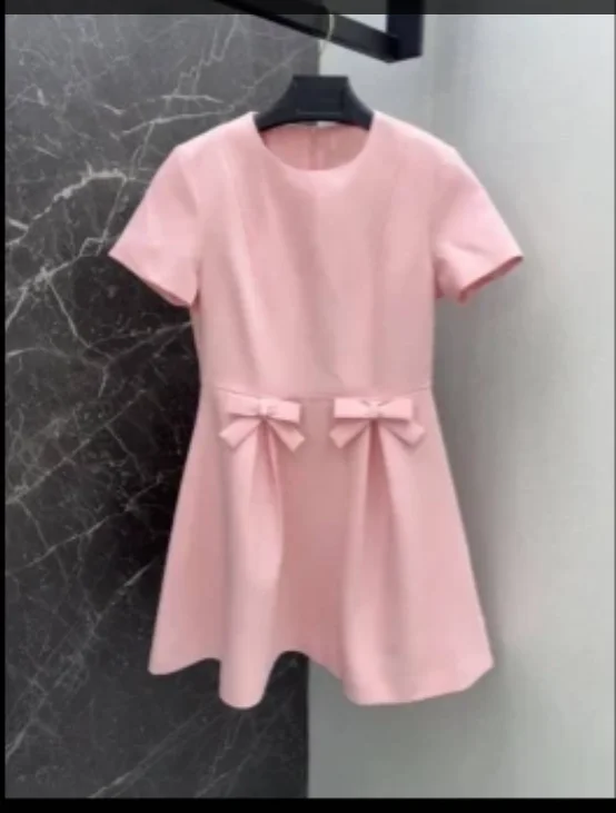 

OLOEY Vintage Cute Lovely Blush Pink Party Prom Dresses Short Sleeves Cotton Ribbon Bow Mini Short Birthday Dress Casual Skirt