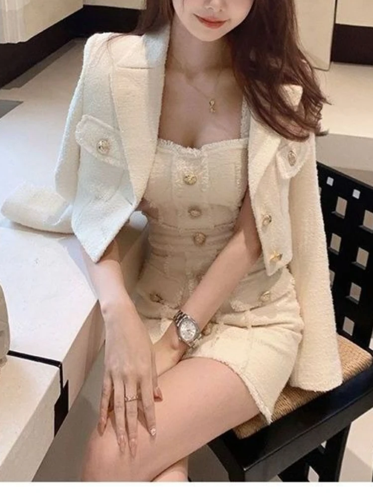 Nieuwe winter Franse elegante mode 2-delige set dames ontwerp retro jas + bandjurk harajuku chic vintage Koreaanse populaire kleding