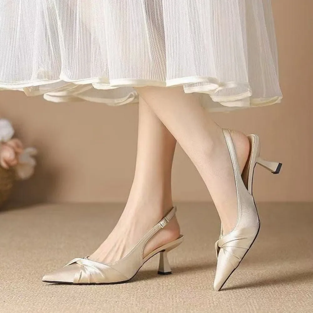 

Summer 2026 new women's design pointed silk low-heeled shoes temperament French women's buckle women's sandals high heels