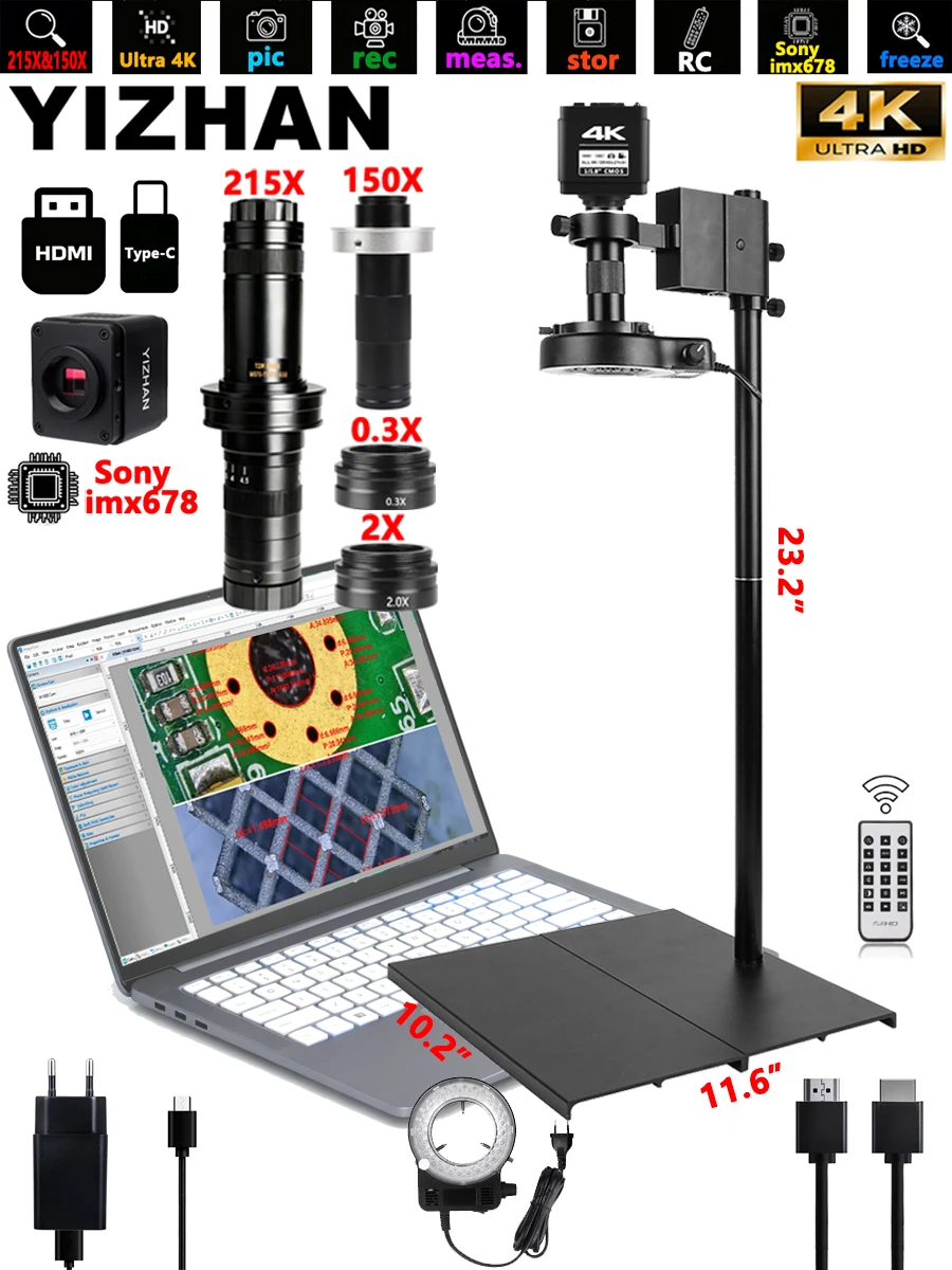 YIZHAN 4K Digitalmikroskop mit IMX678 IMX415 Sensor, Elektronisches Mikroskop mit 150x 215x Zwei-Linsen-System für PCB-Schweißen / Handy-Reparatur / Inspektion / Messung