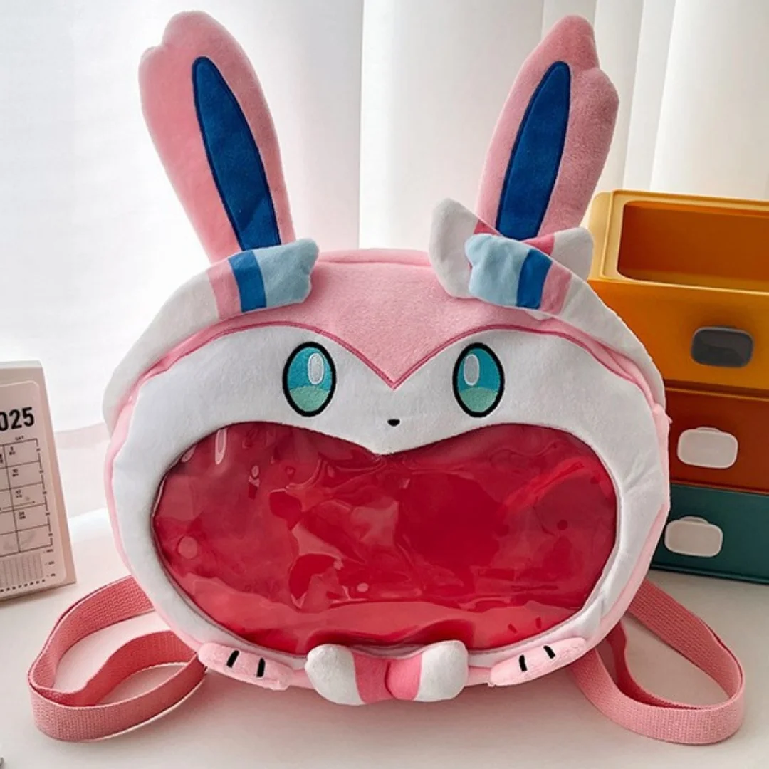 Lovely Sylveon Pink Plush Ita Backpack Clear Window Pin Badge Card Display Adjustable Strap Anime Shoulder Bag for Fans Gift view 3