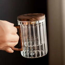 Creative Vertical Stripe Glass Tea Infuser Cup With Transparent Filter Wooden Handle Lid Flower Tea Separation Tea Mug Drinkware