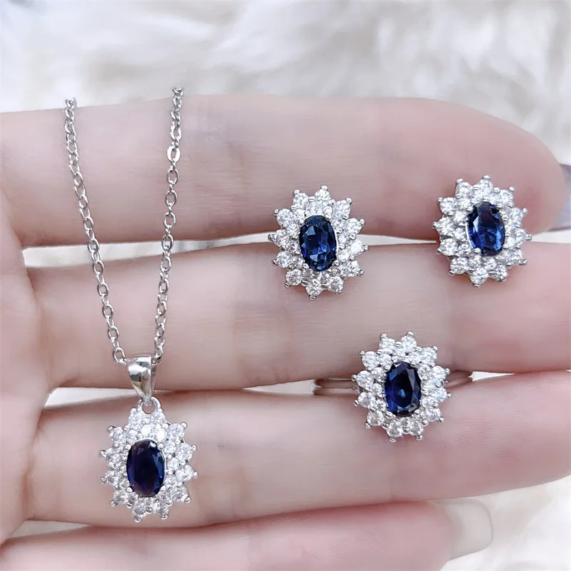 925 sterling silver new niche luxury color treasure inlaid blue tanzanite set three piece ring earring necklace simple style